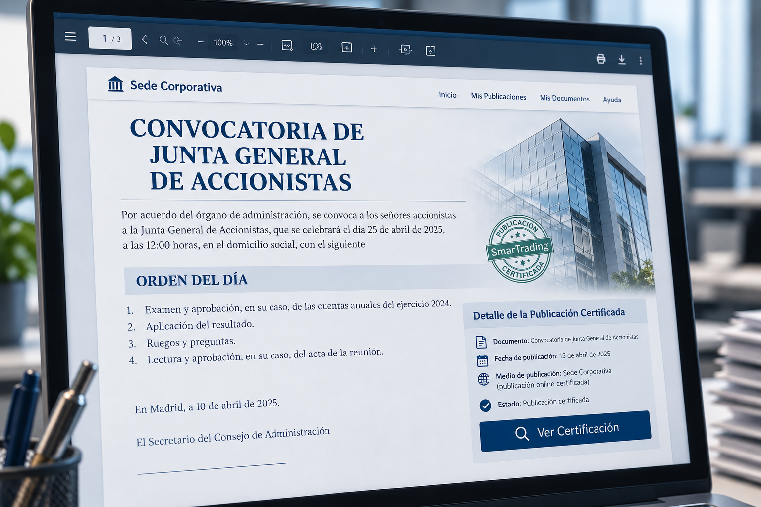 Publicación Online Certificada de convocatorias de Junta, anuncios legales y comunicaciones societarias