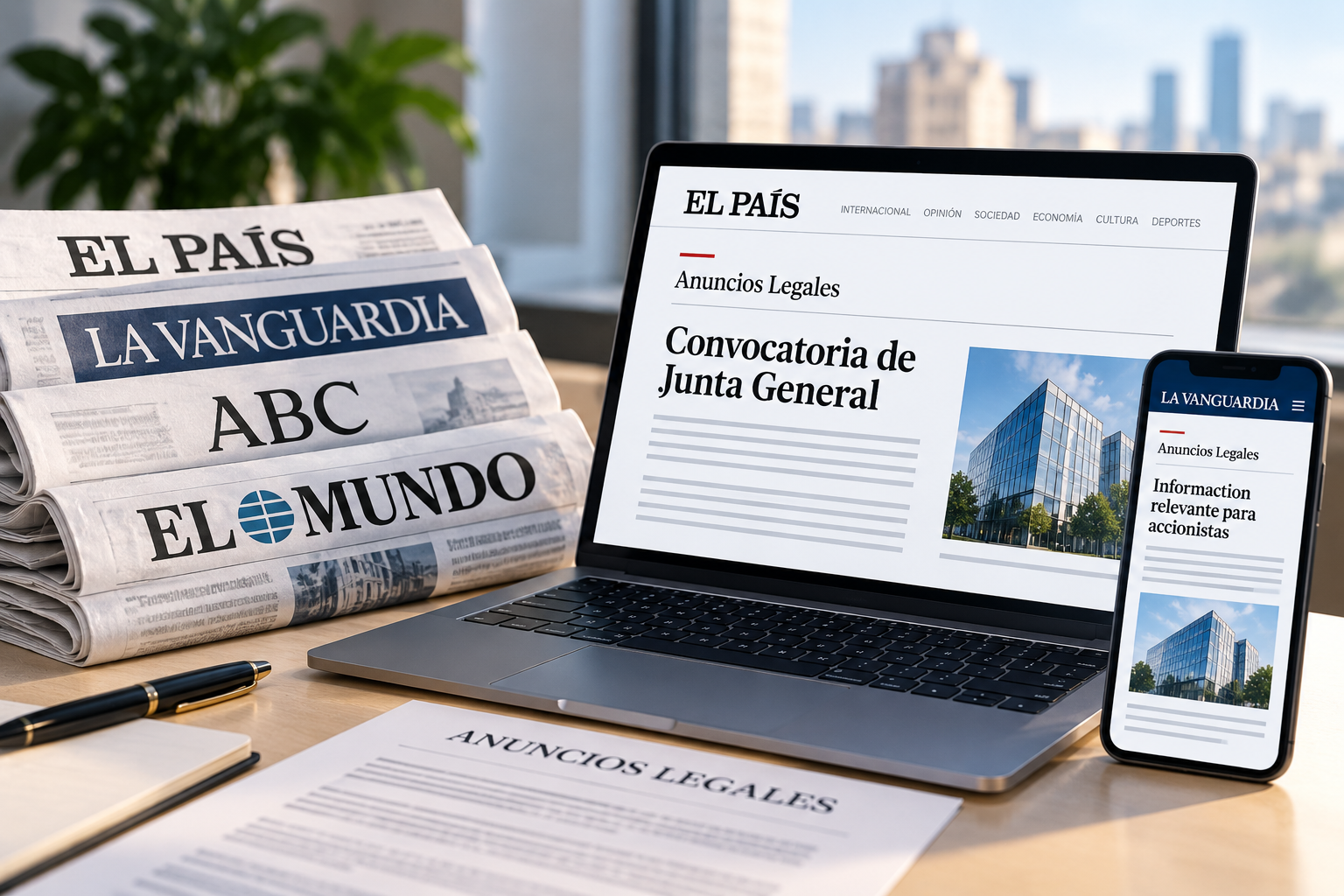 Publicación de anuncios legales y societarios en prensa nacional, económica, regional, provincial y local